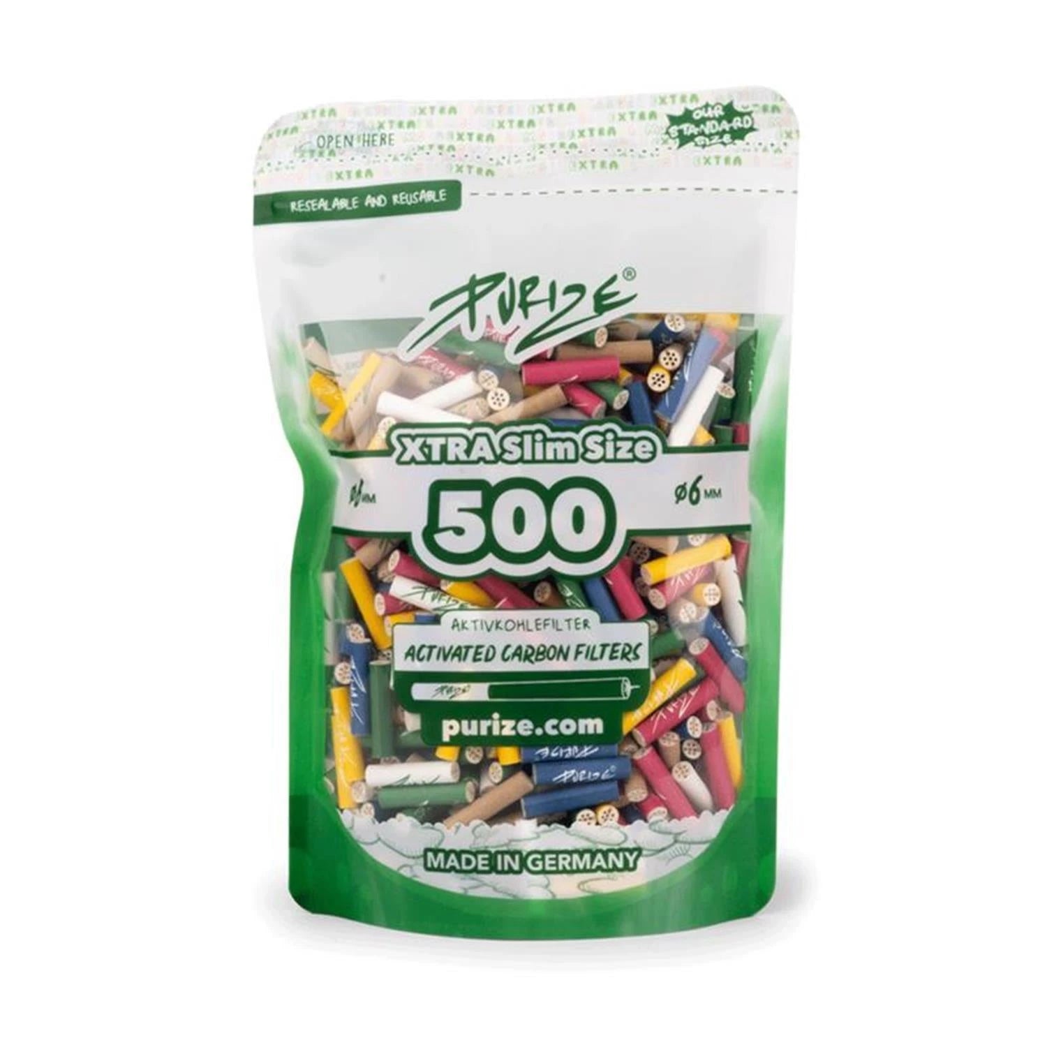 PURIZE Xtra Slim Size 500 Großpackung mit bunten Aktivkohlefiltern, 6 mm, wiederverschließbarer Beutel mit Farbmix, Made in Germany, Activated Carbon Filters